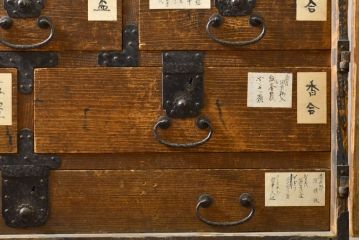 和製アンティーク　古き良き時代の趣を感じらる観音扉の帳場箪笥(戸棚、和タンス、時代箪笥、収納箪笥、引き出し)(R-062427)