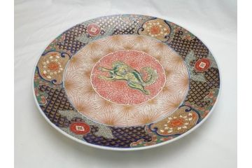 極上品!　江戸期　古伊万里　金彩　色絵　錦手　獅子　鳥　花文　1尺5寸皿　約46.5cm　繊細な筆書きにより珍しい図柄を描いた大皿(一尺五寸、和食器、和皿)(R-062429)