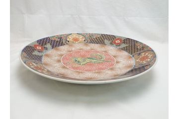 極上品!　江戸期　古伊万里　金彩　色絵　錦手　獅子　鳥　花文　1尺5寸皿　約46.5cm　繊細な筆書きにより珍しい図柄を描いた大皿(一尺五寸、和食器、和皿)(R-062429)