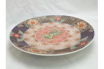 極上品!　江戸期　古伊万里　金彩　色絵　錦手　獅子　鳥　花文　1尺5寸皿　約46.5cm　繊細な筆書きにより珍しい図柄を描いた大皿(一尺五寸、和食器、和皿)(R-062429)