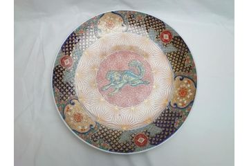 極上品!　江戸期　古伊万里　金彩　色絵　錦手　獅子　鳥　花文　1尺5寸皿　約46.5cm　繊細な筆書きにより珍しい図柄を描いた大皿(一尺五寸、和食器、和皿)(R-062429)