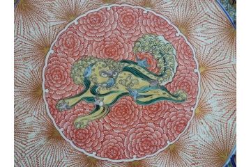 極上品!　江戸期　古伊万里　金彩　色絵　錦手　獅子　鳥　花文　1尺5寸皿　約46.5cm　繊細な筆書きにより珍しい図柄を描いた大皿(一尺五寸、和食器、和皿)(R-062429)