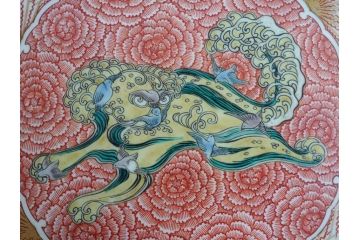 極上品!　江戸期　古伊万里　金彩　色絵　錦手　獅子　鳥　花文　1尺5寸皿　約46.5cm　繊細な筆書きにより珍しい図柄を描いた大皿(一尺五寸、和食器、和皿)(R-062429)