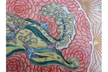 極上品!　江戸期　古伊万里　金彩　色絵　錦手　獅子　鳥　花文　1尺5寸皿　約46.5cm　繊細な筆書きにより珍しい図柄を描いた大皿(一尺五寸、和食器、和皿)(R-062429)