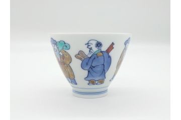 十二代目　酒井田柿右衛門　染錦　唐人物画　2.8寸　約8.5cm　湯呑み5客セット(汲出、共箱付き、蕎麦猪口、和食器、二寸八分)(R-062430)