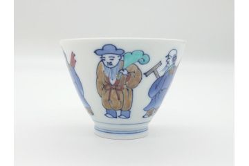 十二代目　酒井田柿右衛門　染錦　唐人物画　2.8寸　約8.5cm　湯呑み5客セット(汲出、共箱付き、蕎麦猪口、和食器、二寸八分)(R-062430)