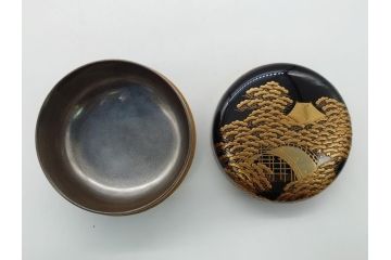 輪島塗　茶平一斎作　塩釜　住吉　高蒔絵　梨子地　平棗(共箱付き、木製、茶道具)(R-062466)