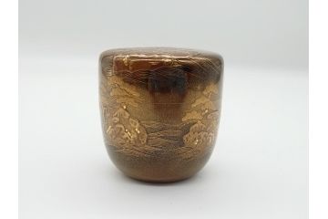 極上品!　吉田華正作　十二代　中誠宗也　尋牛斎書付　松島　蒔絵　金粉溜　内梨子地　大棗(在判あり、共箱付き、外箱付き、茶道具、茶入、茶筒)(R-062470)