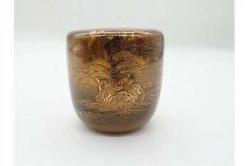 極上品!　吉田華正作　十二代　中誠宗也　尋牛斎書付　松島　蒔絵　金粉溜　内梨子地　大棗(在判あり、共箱付き、外箱付き、茶道具、茶入、茶筒)(R-062470)