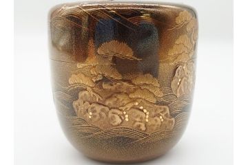 極上品!　吉田華正作　十二代　中誠宗也　尋牛斎書付　松島　蒔絵　金粉溜　内梨子地　大棗(在判あり、共箱付き、外箱付き、茶道具、茶入、茶筒)(R-062470)