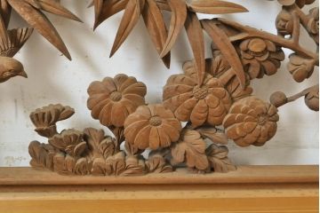 アンティーク建具　彫刻師　山本栄雲作　竹　梅　鳥　花　彫刻欄間2枚セット(明かり取り、明り取り)(R-062479)
