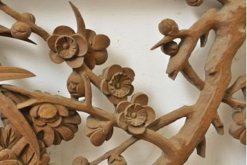 アンティーク建具　彫刻師　山本栄雲作　竹　梅　鳥　花　彫刻欄間2枚セット(明かり取り、明り取り)(R-062479)