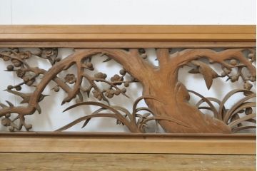 アンティーク建具　彫刻師　山本栄雲作　竹　梅　鳥　花　彫刻欄間2枚セット(明かり取り、明り取り)(R-062479)