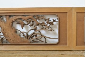 アンティーク建具　彫刻師　山本栄雲作　竹　梅　鳥　花　彫刻欄間2枚セット(明かり取り、明り取り)(R-062479)