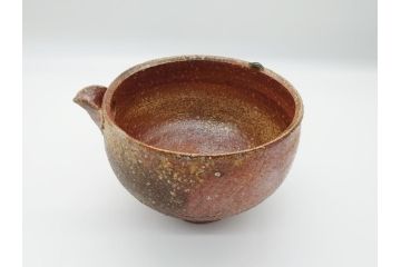 人間国宝　島岡達三　益子焼　窯変　象嵌　5.8寸　約17.4cm　縄文片口(鉢、共箱付き、和食器、和皿、五寸八分、民芸陶器)(R-062482)