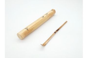 茶杓師　宝林寺　影林宗篤　福本積應書付　下削　銘入茶杓　浸竹クネ(竹、茶道具、筒付き、共箱付き、外箱付き)(R-062486)