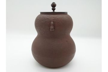 昭和58年　御釜師　名越弥五郎　唐銅蓋　瓢箪釜(水指、壺、壷、茶道具、共箱付き)(R-062489)