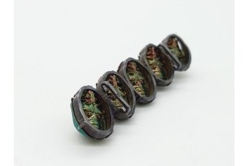 珍品　希少　セミアンティーク　三越　黄金虫(こがねむし)　5連　非常に珍しい縁起物の黄金虫が精巧にデザインされた帯留め(金属製、帯締め、着物道具、和装小物、アクセサリー、ケース付き)(R-062514)