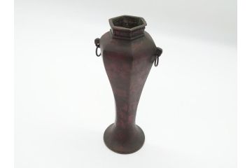 明治期　古銅　使い込むほどに深みが増す花瓶(中国?、花器、花入、六角形、ヘキサゴン)(R-062520)