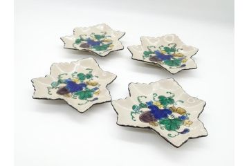 明治期　九谷焼　二重角福　草花文　4.7寸皿　約14.3cm　秋の食卓を彩る変形皿4客セット(紅葉型、葉形、中皿、和食器、和皿、四寸七分)(R-062521)