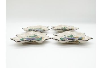 明治期　九谷焼　二重角福　草花文　4.7寸皿　約14.3cm　秋の食卓を彩る変形皿4客セット(紅葉型、葉形、中皿、和食器、和皿、四寸七分)(R-062521)