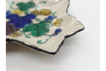明治期　九谷焼　二重角福　草花文　4.7寸皿　約14.3cm　秋の食卓を彩る変形皿4客セット(紅葉型、葉形、中皿、和食器、和皿、四寸七分)(R-062521)