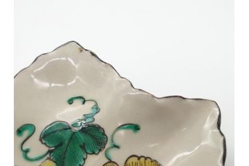 明治期　九谷焼　二重角福　草花文　4.7寸皿　約14.3cm　秋の食卓を彩る変形皿4客セット(紅葉型、葉形、中皿、和食器、和皿、四寸七分)(R-062521)