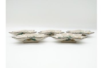 明治期　九谷焼　二重角福　草花文　4.7寸皿　約14.3cm　秋の食卓を彩る変形皿5客セット(紅葉型、葉形、中皿、和食器、和皿、四寸七分)(R-062522)