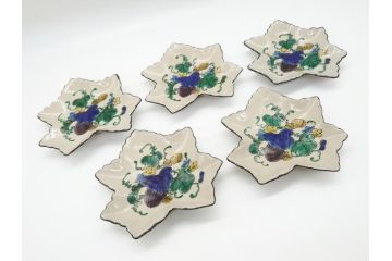 明治期　九谷焼　二重角福　草花文　4.7寸皿　約14.3cm　秋の食卓を彩る変形皿5客セット(紅葉型、葉形、中皿、和食器、和皿、四寸七分)(R-062522)
