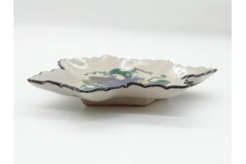 明治期　九谷焼　二重角福　草花文　4.7寸皿　約14.3cm　秋の食卓を彩る変形皿5客セット(紅葉型、葉形、中皿、和食器、和皿、四寸七分)(R-062522)