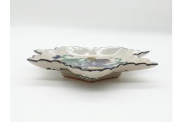 明治期　九谷焼　二重角福　草花文　4.7寸皿　約14.3cm　秋の食卓を彩る変形皿5客セット(紅葉型、葉形、中皿、和食器、和皿、四寸七分)(R-062522)