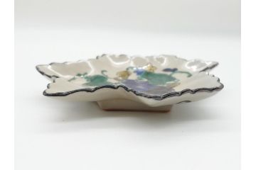 明治期　九谷焼　二重角福　草花文　4.7寸皿　約14.3cm　秋の食卓を彩る変形皿5客セット(紅葉型、葉形、中皿、和食器、和皿、四寸七分)(R-062522)
