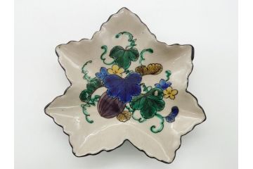 明治期　九谷焼　二重角福　草花文　4.7寸皿　約14.3cm　秋の食卓を彩る変形皿5客セット(紅葉型、葉形、中皿、和食器、和皿、四寸七分)(R-062522)
