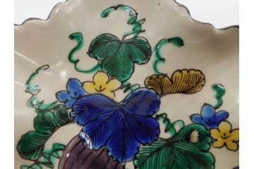 明治期　九谷焼　二重角福　草花文　4.7寸皿　約14.3cm　秋の食卓を彩る変形皿5客セット(紅葉型、葉形、中皿、和食器、和皿、四寸七分)(R-062522)