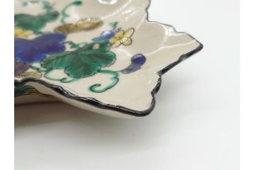 明治期　九谷焼　二重角福　草花文　4.7寸皿　約14.3cm　秋の食卓を彩る変形皿5客セット(紅葉型、葉形、中皿、和食器、和皿、四寸七分)(R-062522)