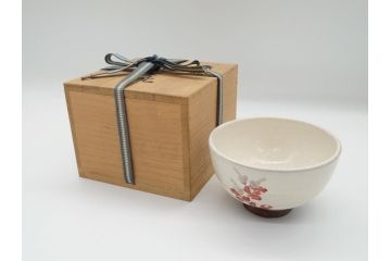 益子焼　赤絵　吉川心水(よしかわもとみ)　4.3寸　約13cm　萩文茶碗(共箱付き、和食器、和皿、とんぼ、作家物、四寸三分)(R-062529)