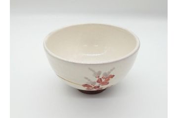 益子焼　赤絵　吉川心水(よしかわもとみ)　4.3寸　約13cm　萩文茶碗(共箱付き、和食器、和皿、とんぼ、作家物、四寸三分)(R-062529)