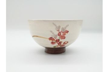 益子焼　赤絵　吉川心水(よしかわもとみ)　4.3寸　約13cm　萩文茶碗(共箱付き、和食器、和皿、とんぼ、作家物、四寸三分)(R-062529)