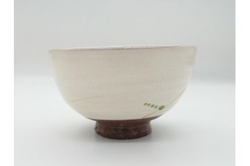 益子焼　赤絵　吉川心水(よしかわもとみ)　4.3寸　約13cm　萩文茶碗(共箱付き、和食器、和皿、とんぼ、作家物、四寸三分)(R-062529)