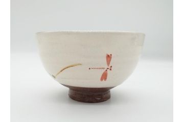 益子焼　赤絵　吉川心水(よしかわもとみ)　4.3寸　約13cm　萩文茶碗(共箱付き、和食器、和皿、とんぼ、作家物、四寸三分)(R-062529)