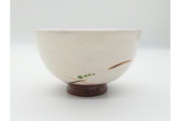 益子焼　赤絵　吉川心水(よしかわもとみ)　4.3寸　約13cm　萩文茶碗(共箱付き、和食器、和皿、とんぼ、作家物、四寸三分)(R-062529)