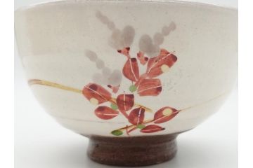益子焼　赤絵　吉川心水(よしかわもとみ)　4.3寸　約13cm　萩文茶碗(共箱付き、和食器、和皿、とんぼ、作家物、四寸三分)(R-062529)