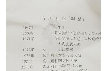 益子焼　赤絵　吉川心水(よしかわもとみ)　4.3寸　約13cm　萩文茶碗(共箱付き、和食器、和皿、とんぼ、作家物、四寸三分)(R-062529)