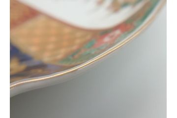明治期　伊万里焼　錦手　金襴手　染錦　二重角富(角冨)　金彩　色絵　桃図　草花文　8.3寸皿　約25cm　煌びやかで豪華な絵付けの大皿2枚セット(深皿、和皿、和食器、八寸三分)(R-062553)