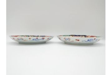 明治期　伊万里焼　錦手　金襴手　染錦　二重角富(角冨)　金彩　色絵　桃図　草花文　8.3寸皿　約25cm　煌びやかで豪華な絵付けの大皿2枚セット(深皿、和皿、和食器、八寸三分)(R-062554)