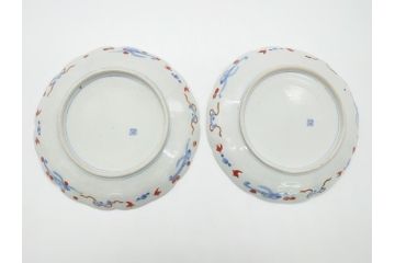 明治期　伊万里焼　錦手　金襴手　染錦　二重角富(角冨)　金彩　色絵　桃図　草花文　8.3寸皿　約25cm　煌びやかで豪華な絵付けの大皿2枚セット(深皿、和皿、和食器、八寸三分)(R-062554)
