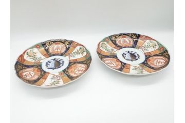 明治期　伊万里焼　錦手　金襴手　染錦　二重角富(角冨)　金彩　色絵　桃図　草花文　8.3寸皿　約25cm　煌びやかで豪華な絵付けの大皿2枚セット(深皿、和皿、和食器、八寸三分)(R-062555)