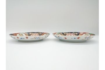 明治期　伊万里焼　錦手　金襴手　染錦　二重角富(角冨)　金彩　色絵　桃図　草花文　8.3寸皿　約25cm　煌びやかで豪華な絵付けの大皿2枚セット(深皿、和皿、和食器、八寸三分)(R-062555)