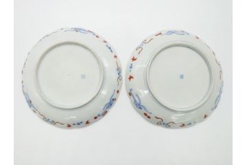明治期　伊万里焼　錦手　金襴手　染錦　二重角富(角冨)　金彩　色絵　桃図　草花文　8.3寸皿　約25cm　煌びやかで豪華な絵付けの大皿2枚セット(深皿、和皿、和食器、八寸三分)(R-062555)