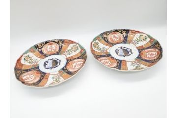 明治期　伊万里焼　錦手　金襴手　染錦　二重角富(角冨)　金彩　色絵　桃図　草花文　8.3寸皿　約25cm　煌びやかで豪華な絵付けの大皿2枚セット(深皿、和皿、和食器、八寸三分)(R-062556)